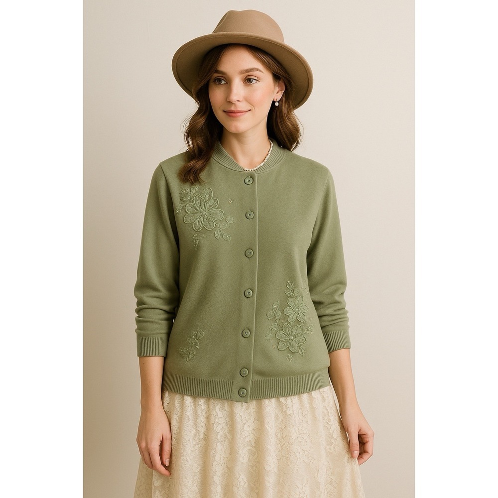 Alfred Dunner Small Button Up  Cardigan Sweater Green Floral‎ Beaded Embroidery